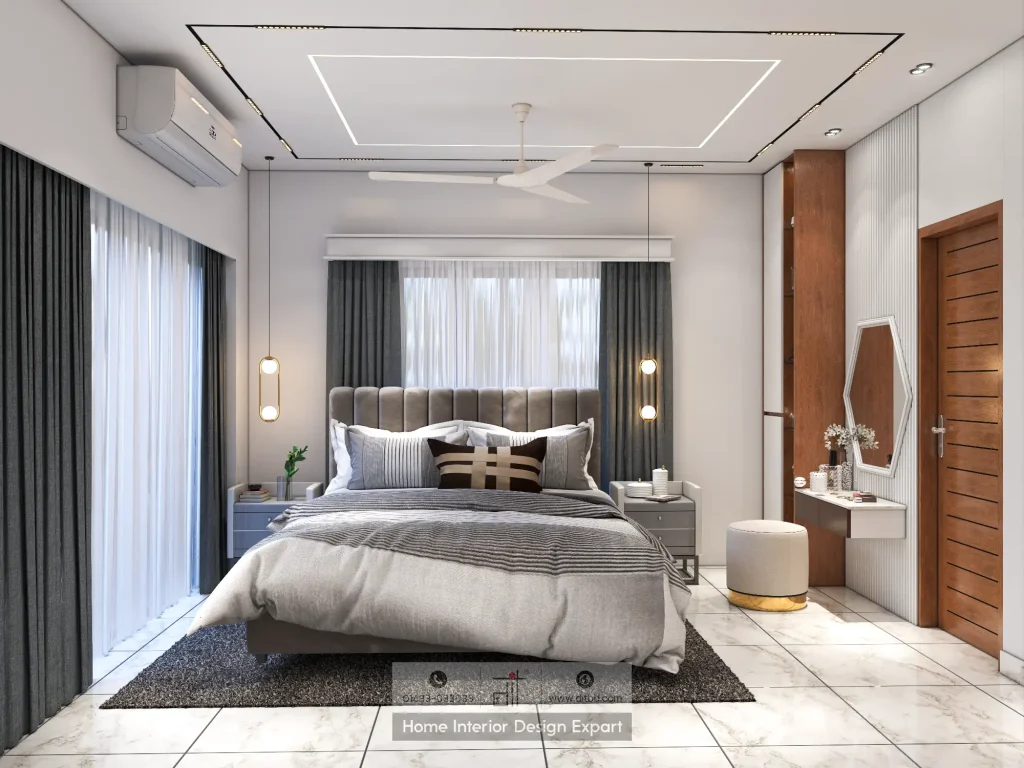 Minimal girls bedroom with tufted grey headboard and dressing table designed by DIT Studio in Uttara Sector 6 Dhaka