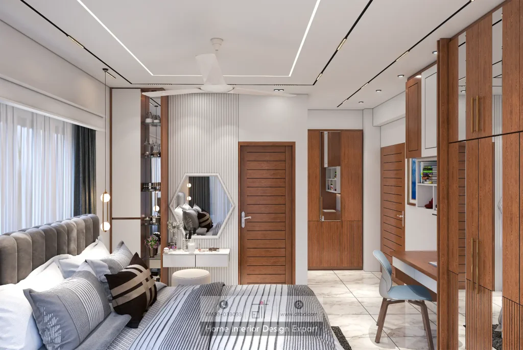 Study desk and walnut wardrobe in girls bedroom interior by DIT Studio in Uttara Dhaka