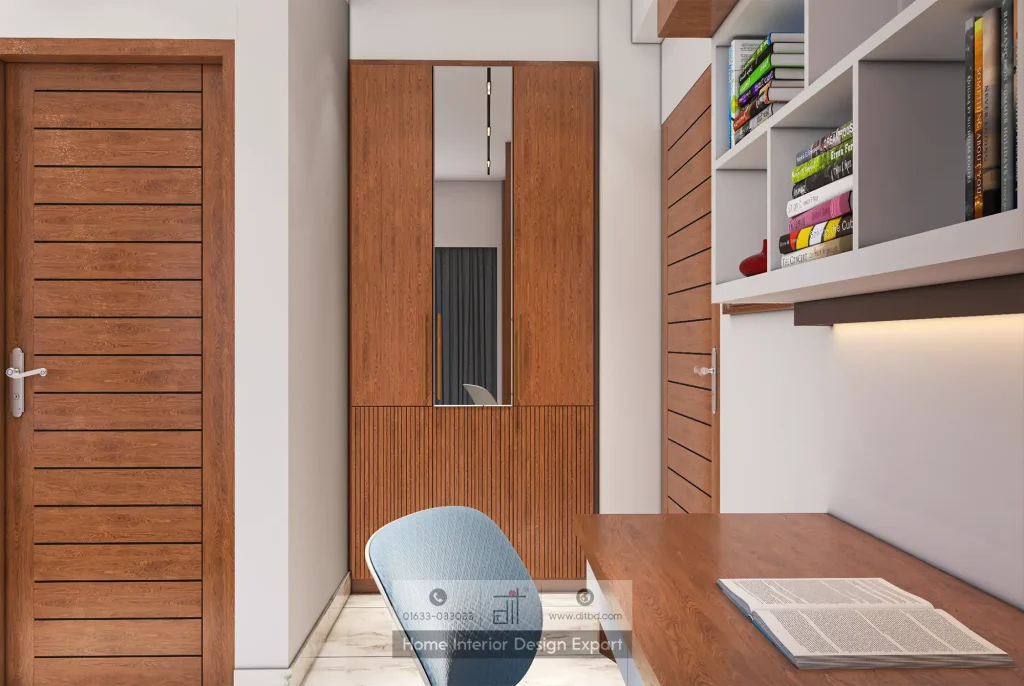 Close-up of study nook with bookshelf and walnut storage in girls bedroom by DIT Studio Uttara