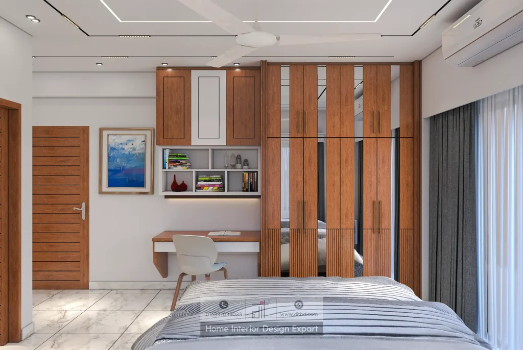 Full wall wardrobe with mirror panels and study desk in minimal girls bedroom by DIT Studio in Uttara Sector 6