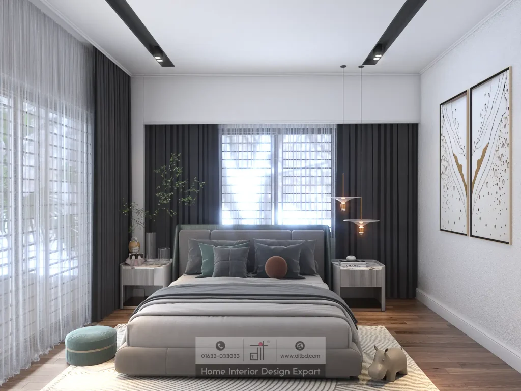 Full view of minimal guest bedroom with grey upholstered bed, copper pendant light, tree art prints, and teal pouf in Uttara by DIT Studio