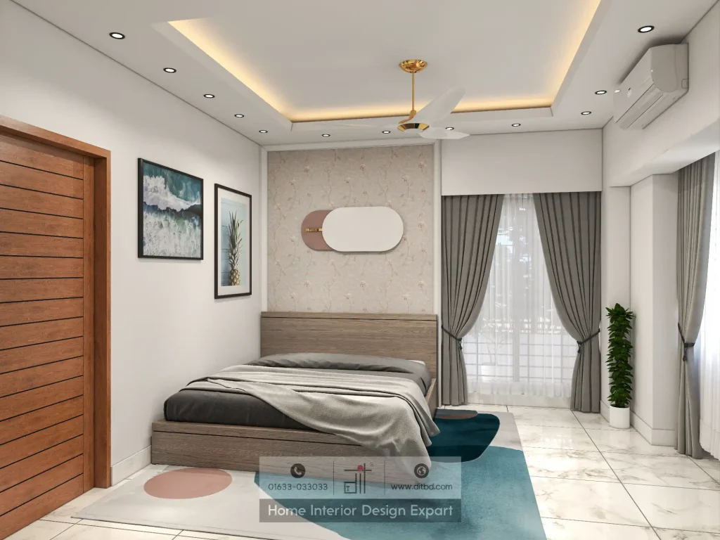 Guest bedroom bed area with grey wood platform bed, floral wallpaper headboard panel, teal rug, and grey curtains by DIT Studio Bangladesh