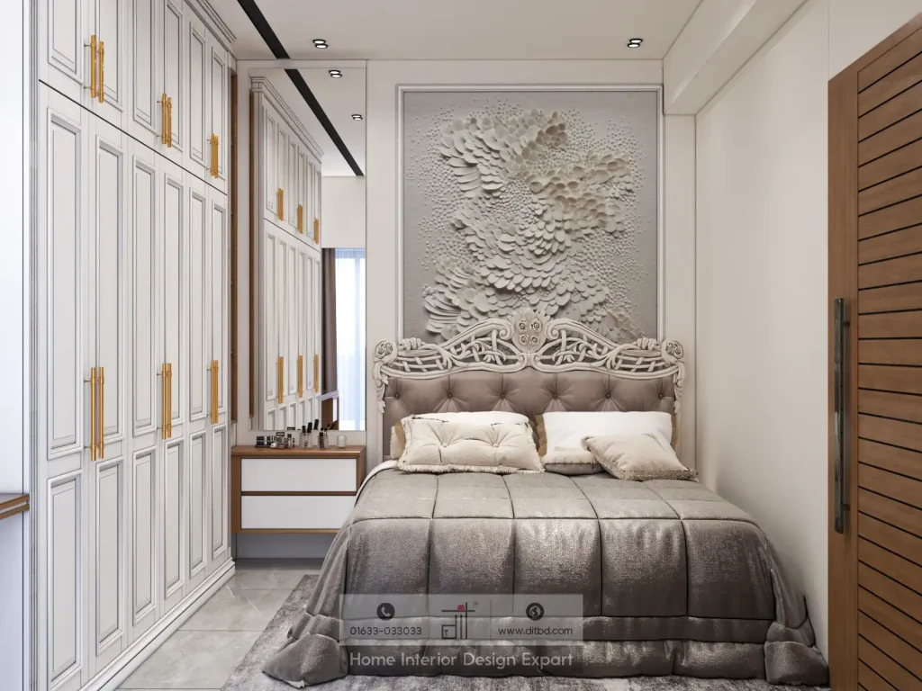 Classical guest bedroom with sculptural floral wall art, silver tufted headboard, and white neoclassical wardrobe in Mogbazar by DIT Studio