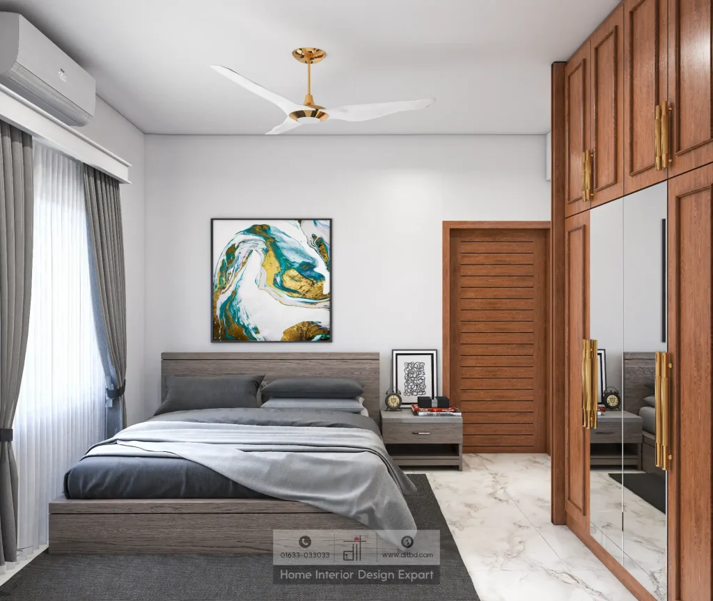 Minimal guest bedroom with grey bed and wooden wardrobe designed by DIT Studio in Uttara Sector 6 Dhaka