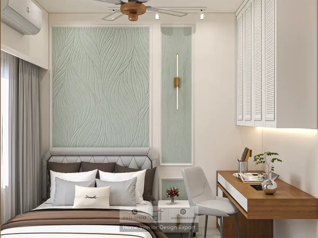 Minimal guest bedroom with sage-green wave headboard wall and gold sconce in Mohammadpur by DIT Studio