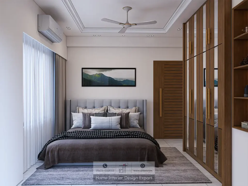 Minimal guest bedroom with grey headboard, mountain art, and walnut wardrobe in Basila apartment by DIT Studio