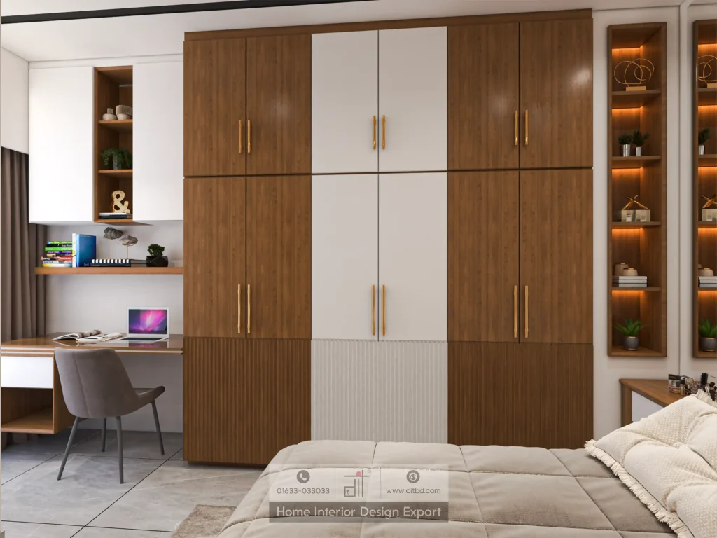Walnut-and-white three-tier wardrobe with gold handles, floating study desk, and LED display niches in Mogbazar guest bedroom by DIT Studio
