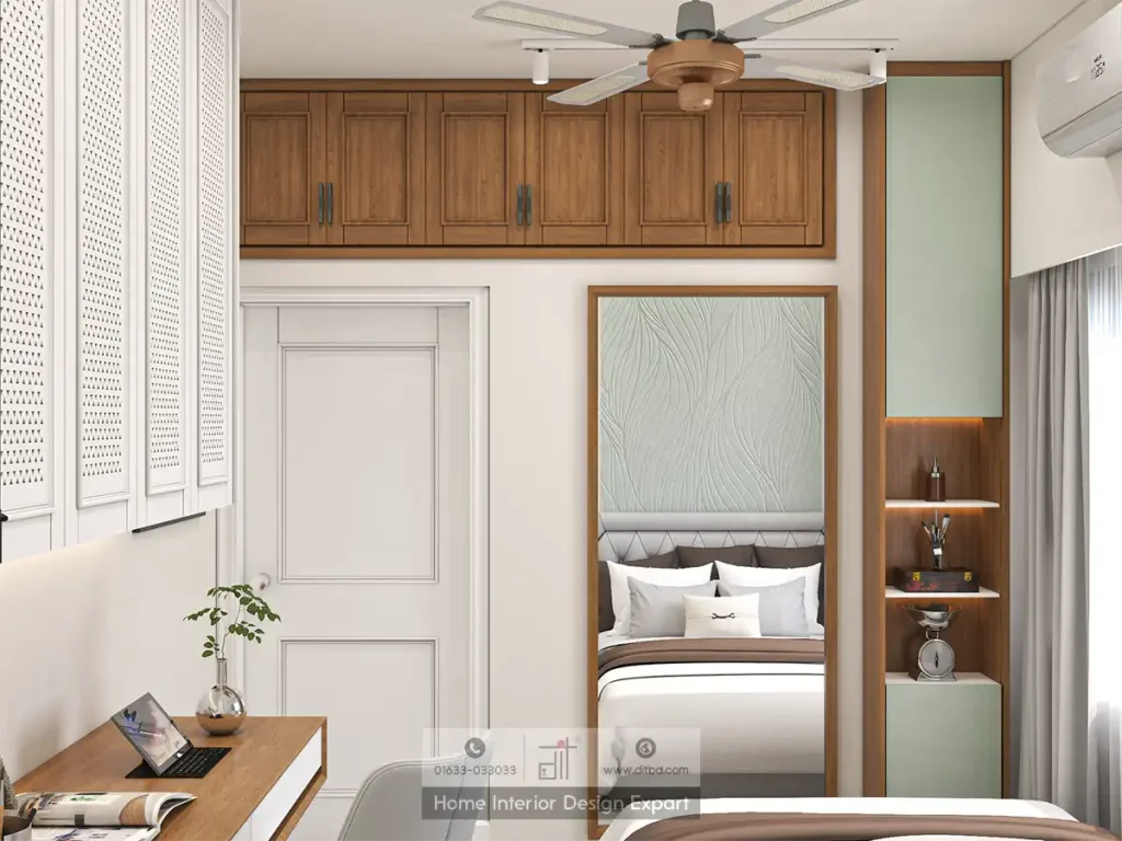 Entry door with walnut cabinets and abstract artwork in minimal guest bedroom Mohammadpur by DIT Studio
