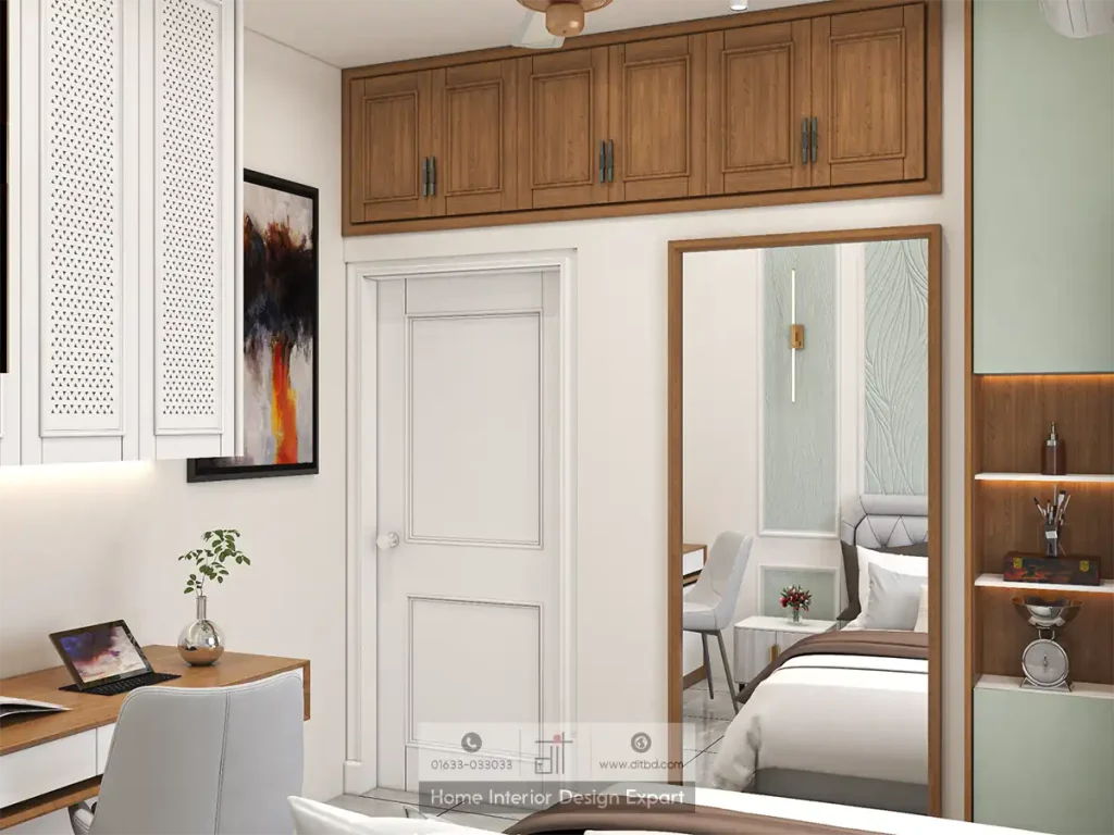 Full-length mirror and walnut overhead cabinets in Mohammadpur guest bedroom by DIT Studio