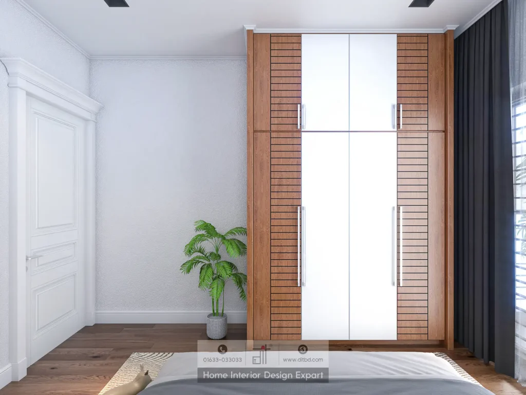 Floor-to-ceiling walnut and white slatted wardrobe with green potted palm and white panelled door in Uttara guest bedroom by DIT Studio