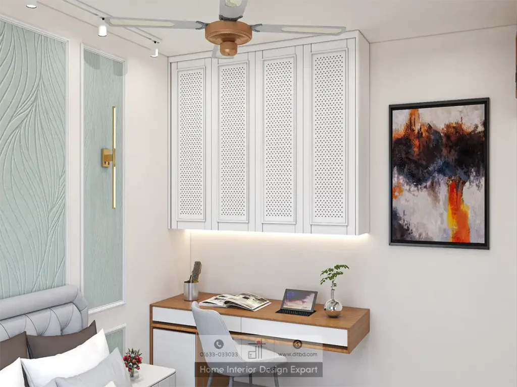 White perforated-panel wardrobe with study desk and abstract painting in Mohammadpur by DIT Studio