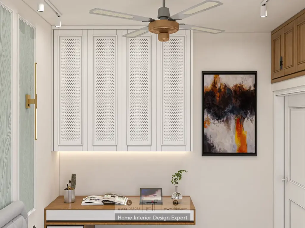Wide view of wardrobe and study corner in minimal guest bedroom designed by DIT Studio Mohammadpur