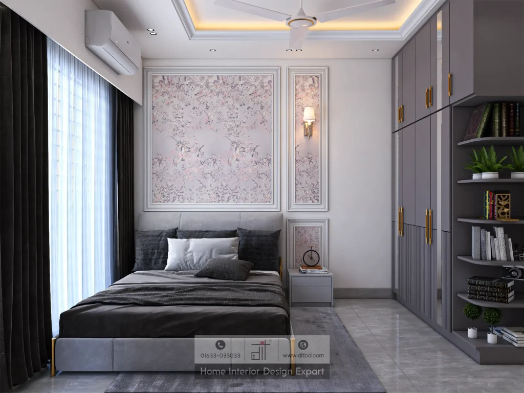 Full bed view with grey wardrobe and open bookshelf in Wari apartment bedroom by DIT Studio