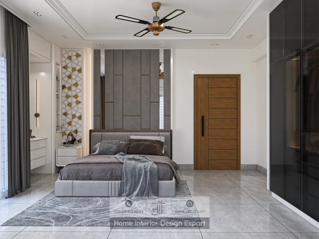 Full bedroom view with grey geometric headboard wall and dark glass wardrobe in Banshundhara R/A, Dhaka by DIT Studio