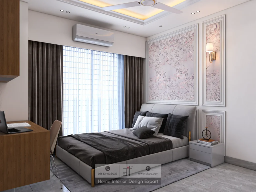 Floral wallpaper headboard wall with gold sconce in modern Wari bedroom by DIT Studio