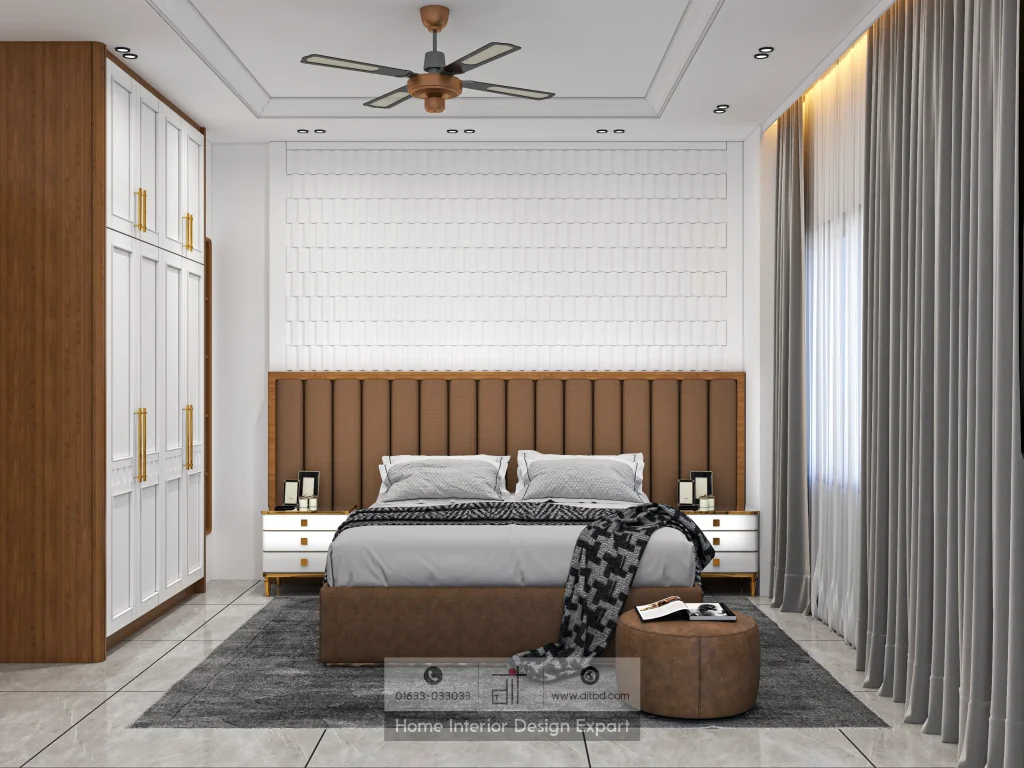 Modern bedroom with brown channel-tufted headboard and 3D wall panel in Keraniganj apartment by DIT Studio