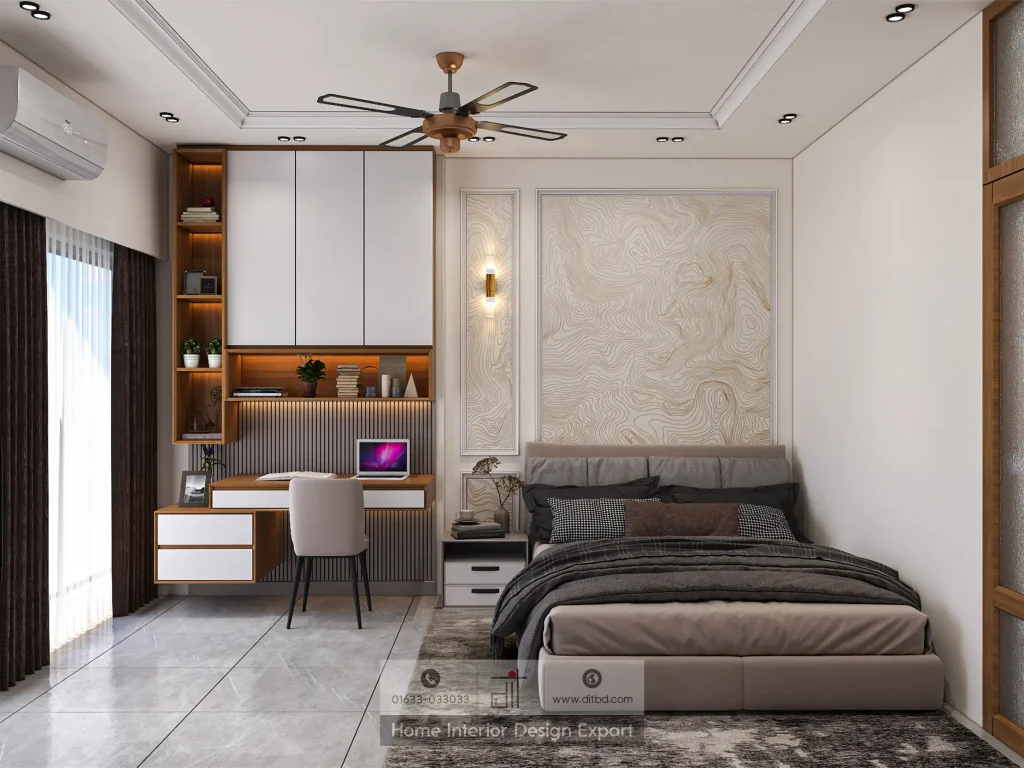 Modern bedroom with study desk, marble headboard wall, and walnut shelving in Moghbazar by DIT Studio