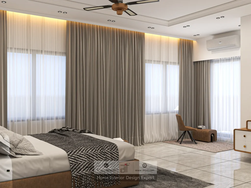 Bedroom window wall with taupe curtains and seating nook in Keraniganj home by DIT Studio