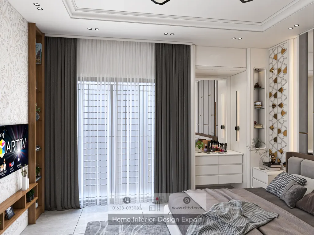 Vanity corner with geometric gold fretwork panel and natural light in Banshundhara R/A bedroom by DIT Studio