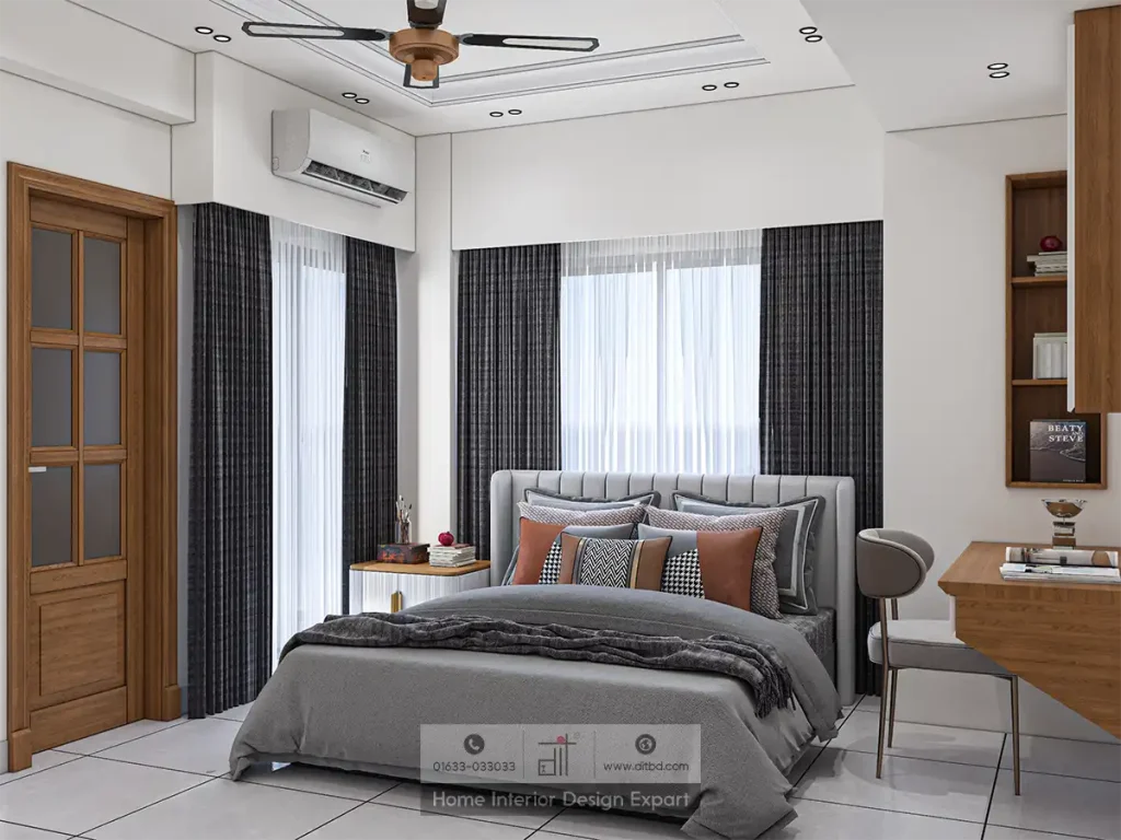 Wide-angle modern bedroom with walnut door and study desk in Aftabnagar Dhaka by DIT Studio