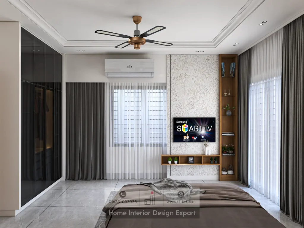 TV wall with floral accent panel and wooden display shelves in Banshundhara R/A bedroom designed by DIT Studio