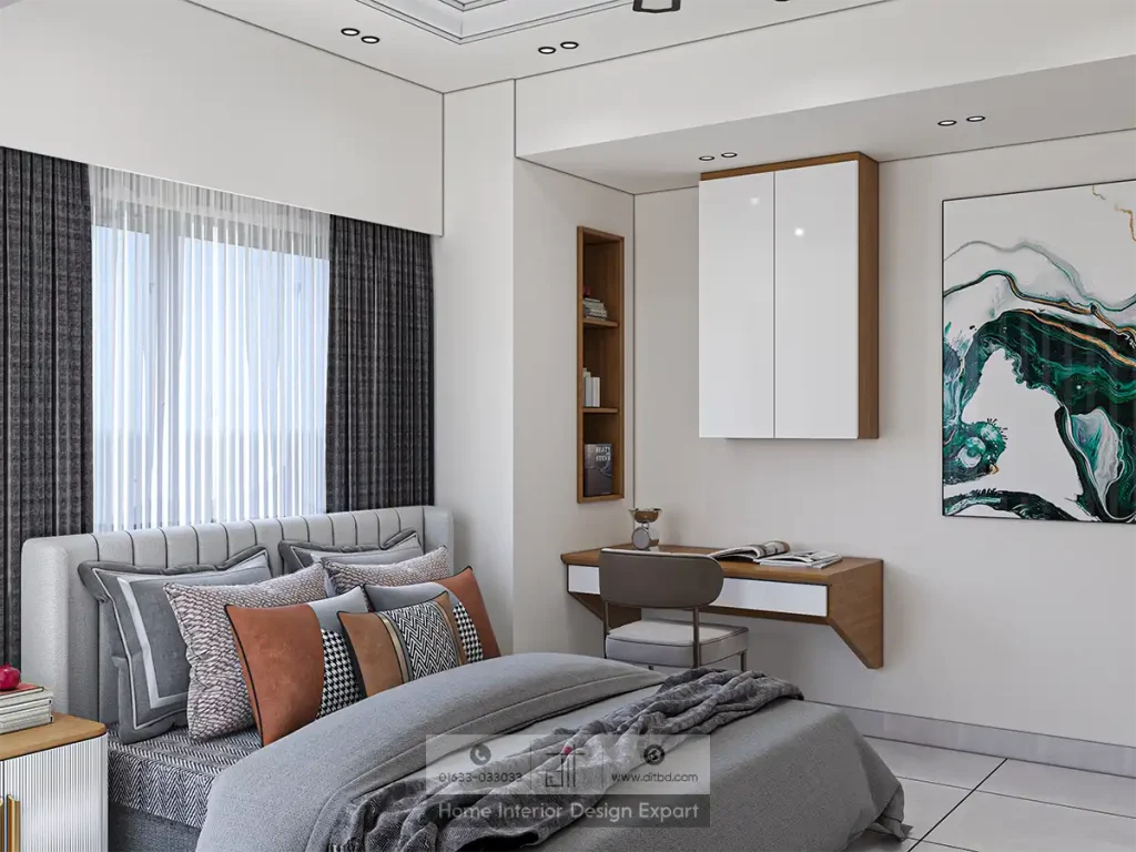 Study corner with walnut desk and abstract teal canvas art in Aftabnagar bedroom by DIT Studio