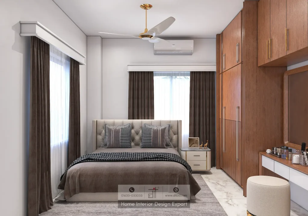 Modern boys bedroom with tufted headboard and walnut wardrobe in Uttara Sector 6 by DIT Studio