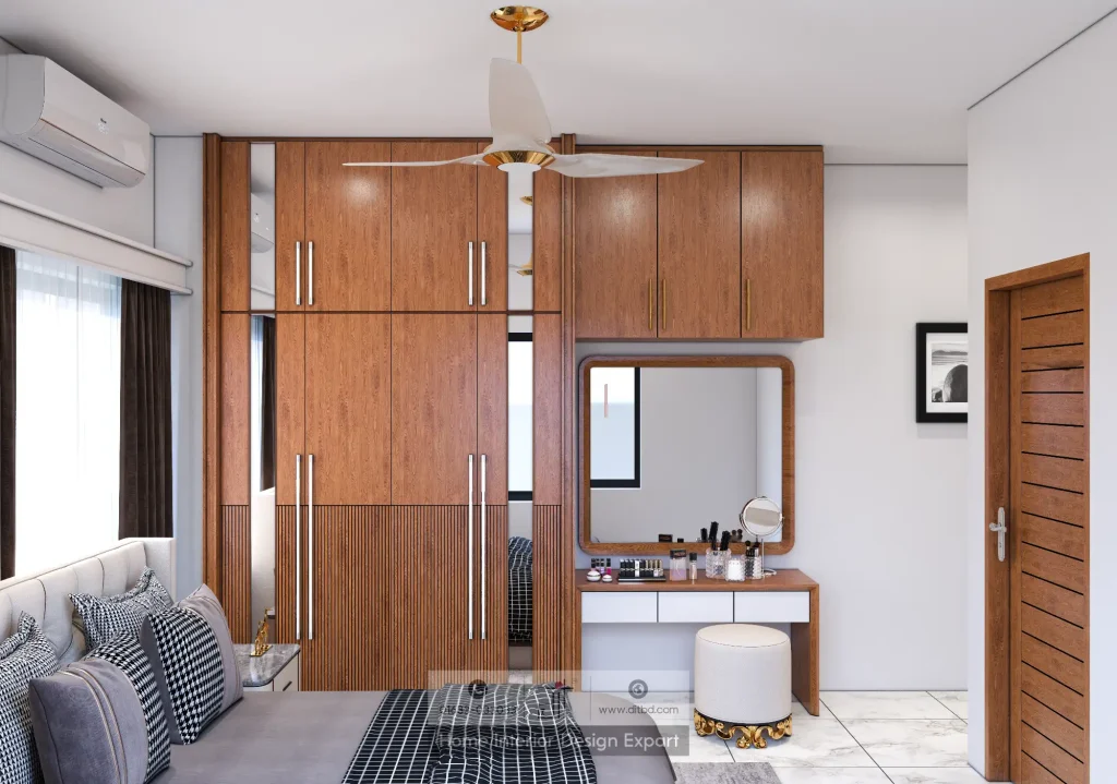 Walnut wardrobe wall with built-in dressing mirror in Uttara boys bedroom by DIT Studio