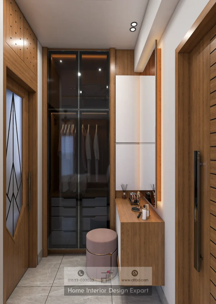 Walk-in closet with smoked-glass wardrobe and LED-lit vanity in Dhanmondi by DIT Studio