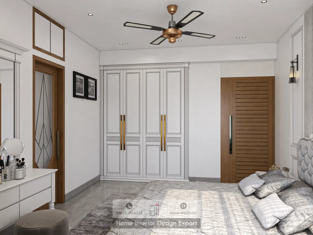 White paneled wardrobe with gold handles and vanity in Dhanmondi bedroom by DIT Studio