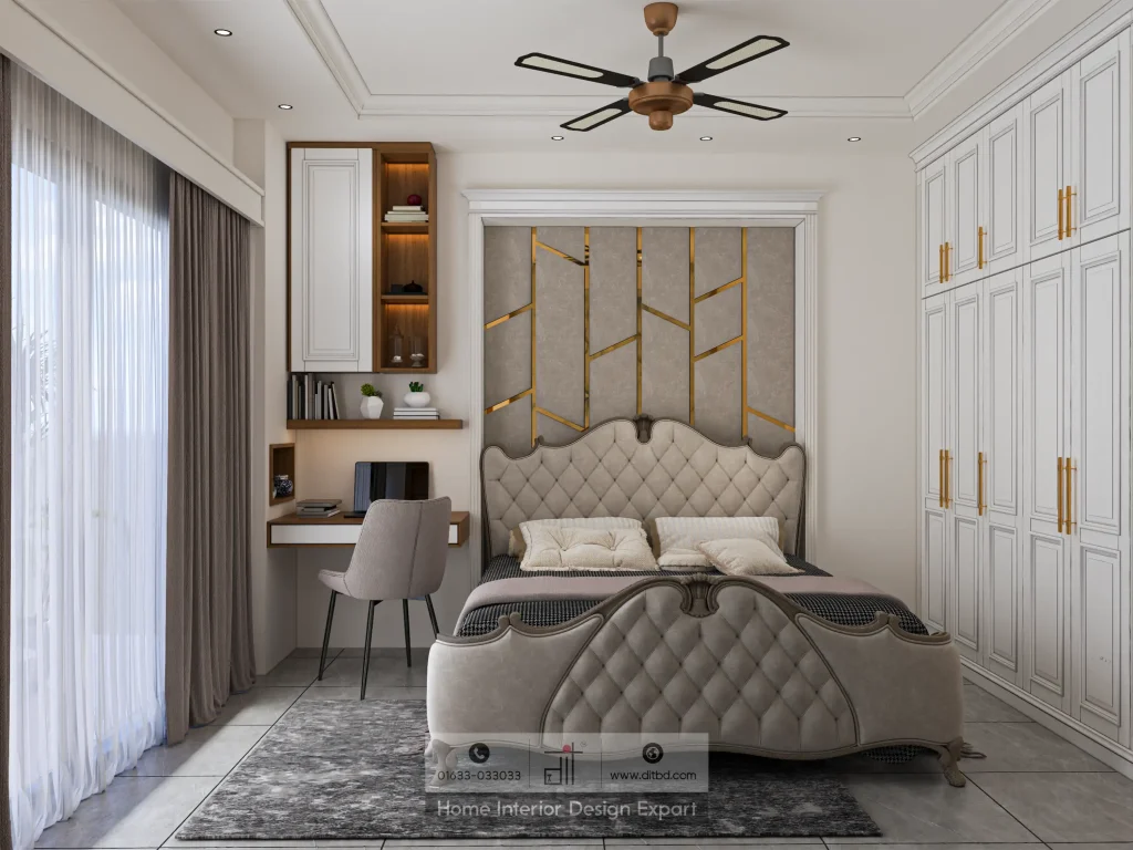 Full panoramic view of modern child bedroom with wardrobe and study area in Mogbazar by DIT Studio