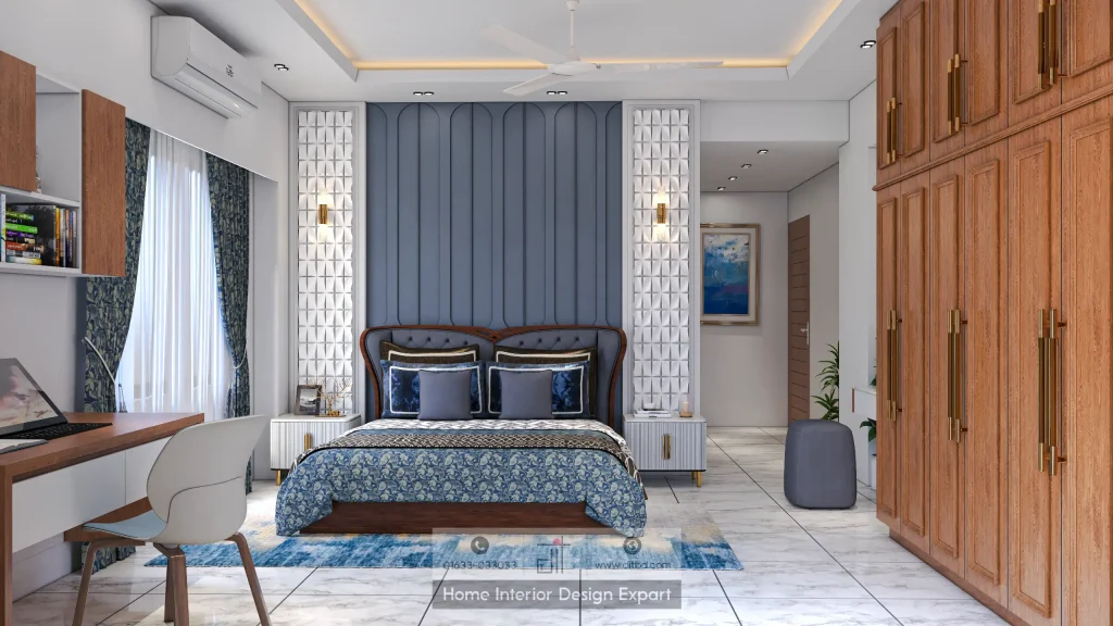 Child bedroom with blue channel-tufted headboard wall, floral bedspread and full-height wooden wardrobe by DIT Studio Bangladesh