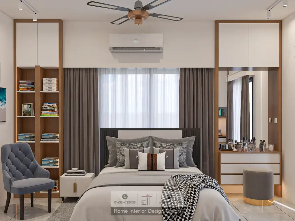 Modern child bedroom with wooden bookshelf and gray bed in Mohammadpur apartment by DIT Studio