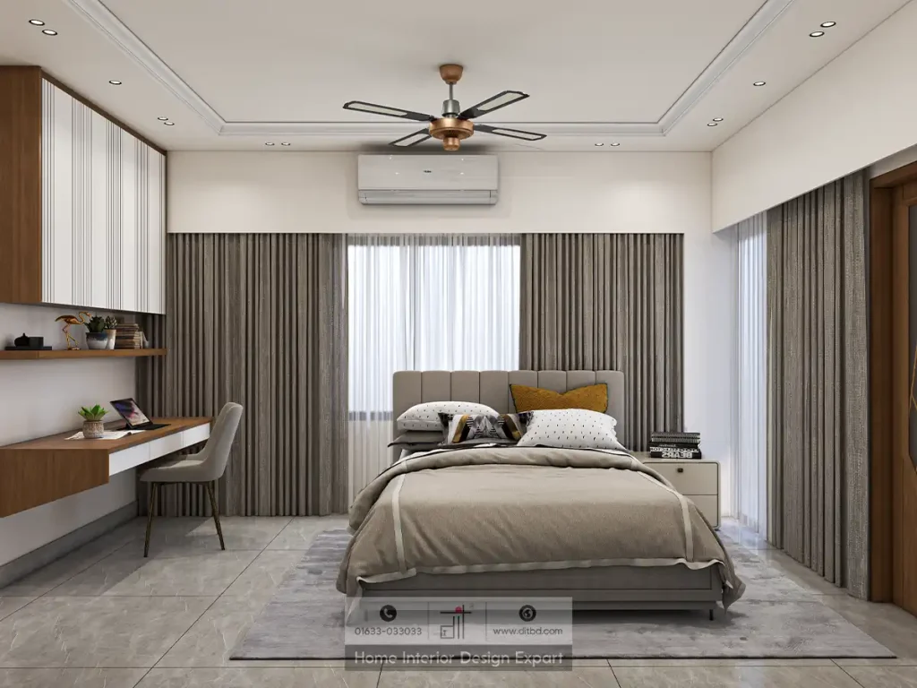 Modern child bedroom with tufted beige headboard, study desk and grey curtains in Basila apartment by DIT Studio