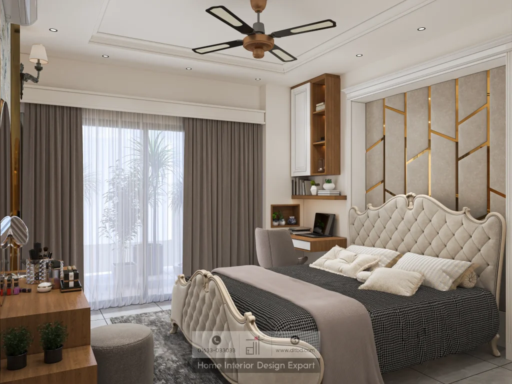 Built-in study nook with LED-lit shelving beside bed in Mogbazar child bedroom by DIT Studio