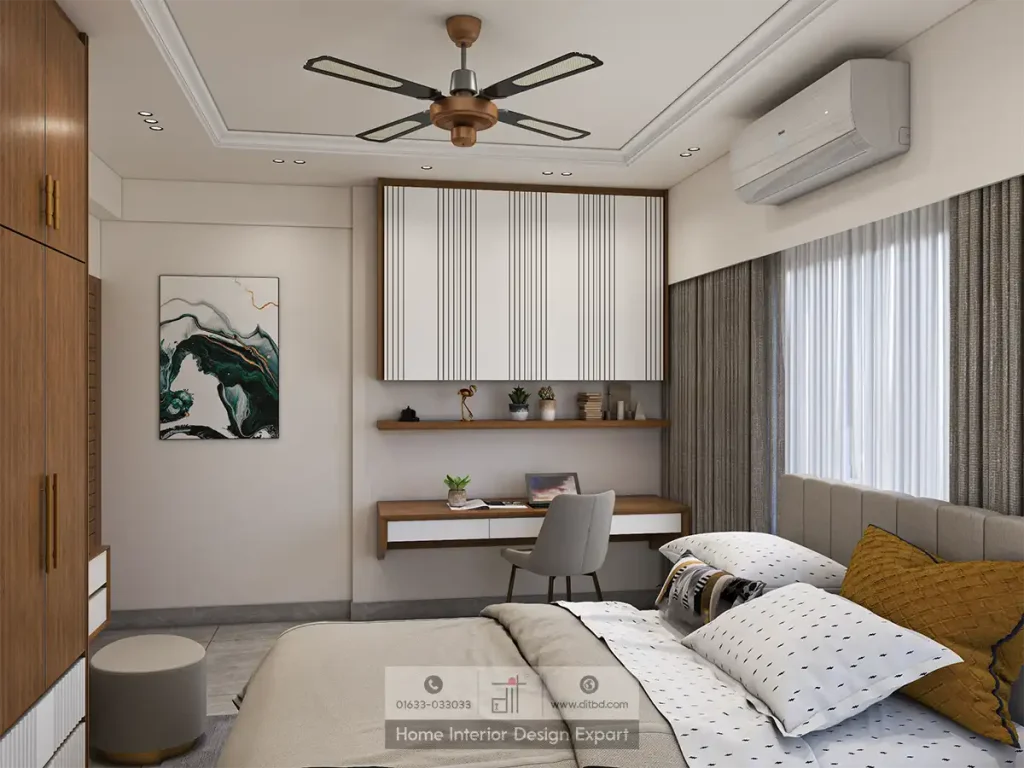 Study nook with floating walnut desk, abstract teal art and striped wall panel in Basila child bedroom by DIT Studio