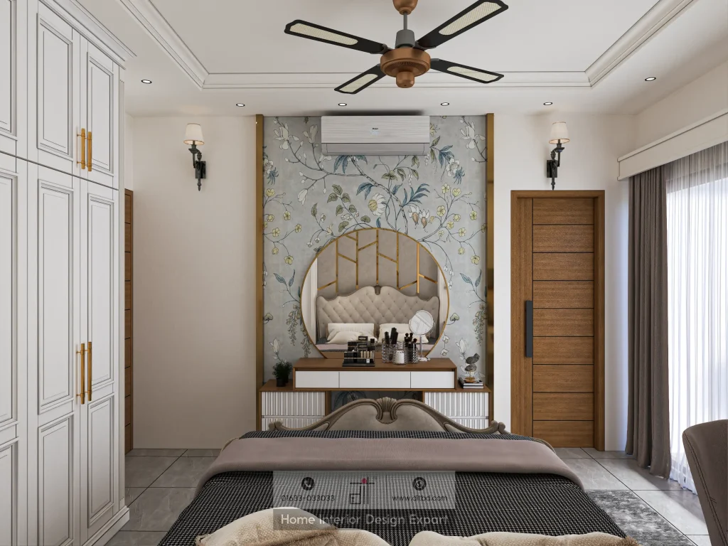Botanical mural wallpaper with round mirror and vanity in Mogbazar child bedroom by DIT Studio