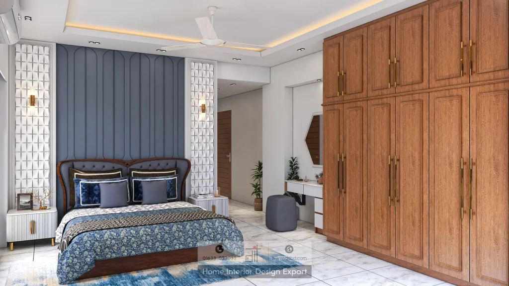 Wider bedroom view showing wardrobe, dressing table and false ceiling with LED cove lighting by DIT Studio Bangladesh