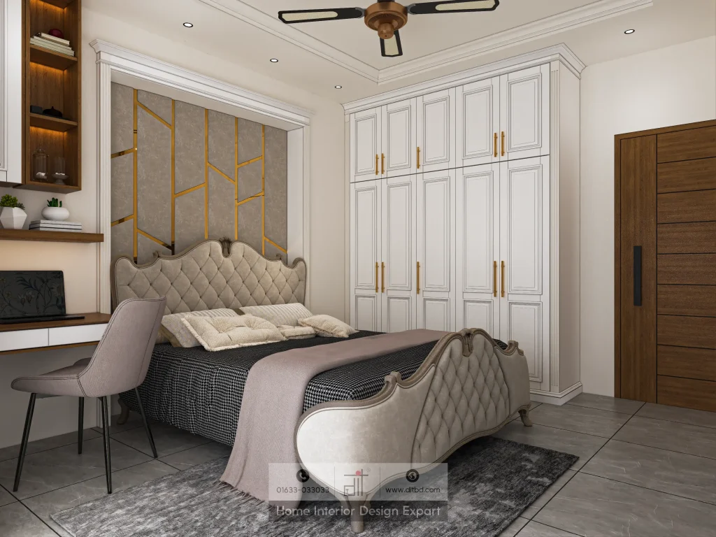 Luxurious tufted bed with gold geometric accent wall in Mogbazar child bedroom by DIT Studio