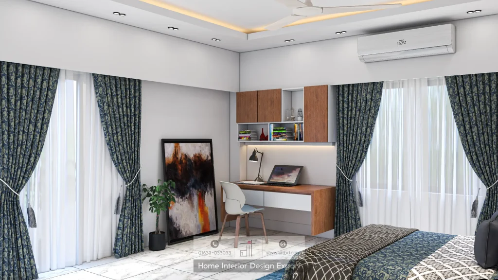Study corner with L-shaped desk, overhead wooden cabinets and blue floral curtains in child bedroom by DIT Studio