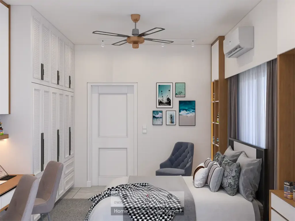 White cane-weave wardrobe and gallery wall in child bedroom by DIT Studio Mohammadpur