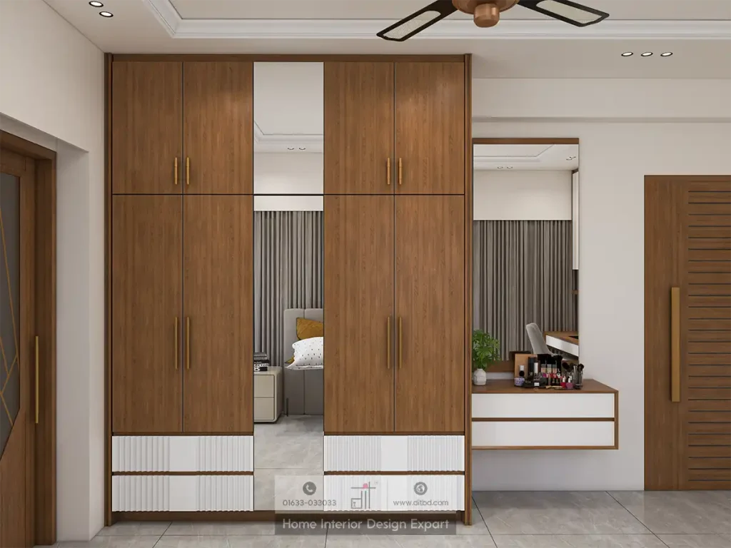 Frontal view of walnut wardrobe and vanity station with louvred door in modern child bedroom Basila by DIT Studio