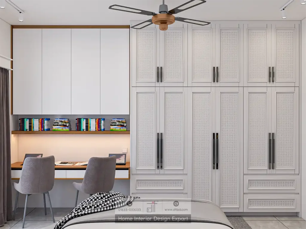 Wide-angle study area with wardrobe in modern child bedroom by DIT Studio Mohammadpur Dhaka