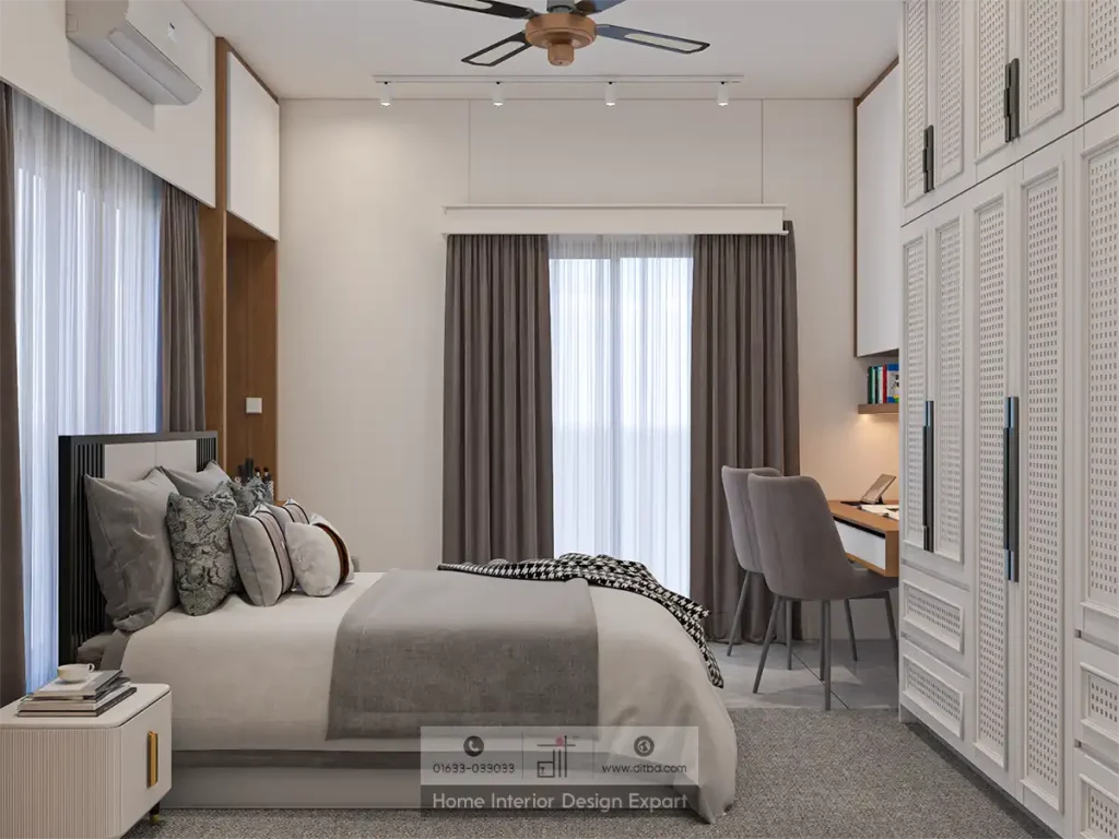 Full room view of modern child bedroom with bed wardrobe and study desk by DIT Studio Mohammadpur