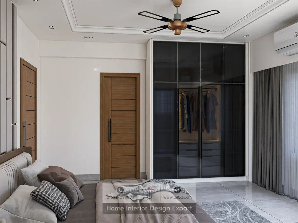 Dark tinted glass sliding-door wardrobe in modern bedroom in Banshundhara R/A, Dhaka by DIT Studio
