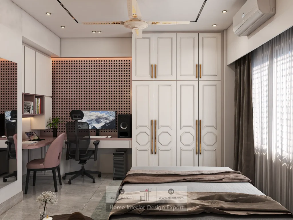 White paneled wardrobe with gold handles and lattice study area in Mirpur bedroom by DIT Studio