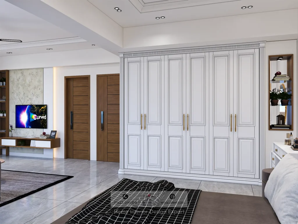Large white panelled wardrobe with gold handles in Banshundhara R/A master bedroom designed by DIT Studio
