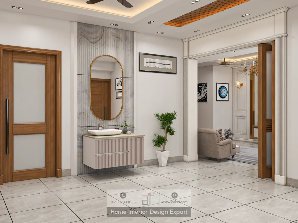 Wash basin feature wall and living room archway entry in Dhanmondi common area by DIT Studio