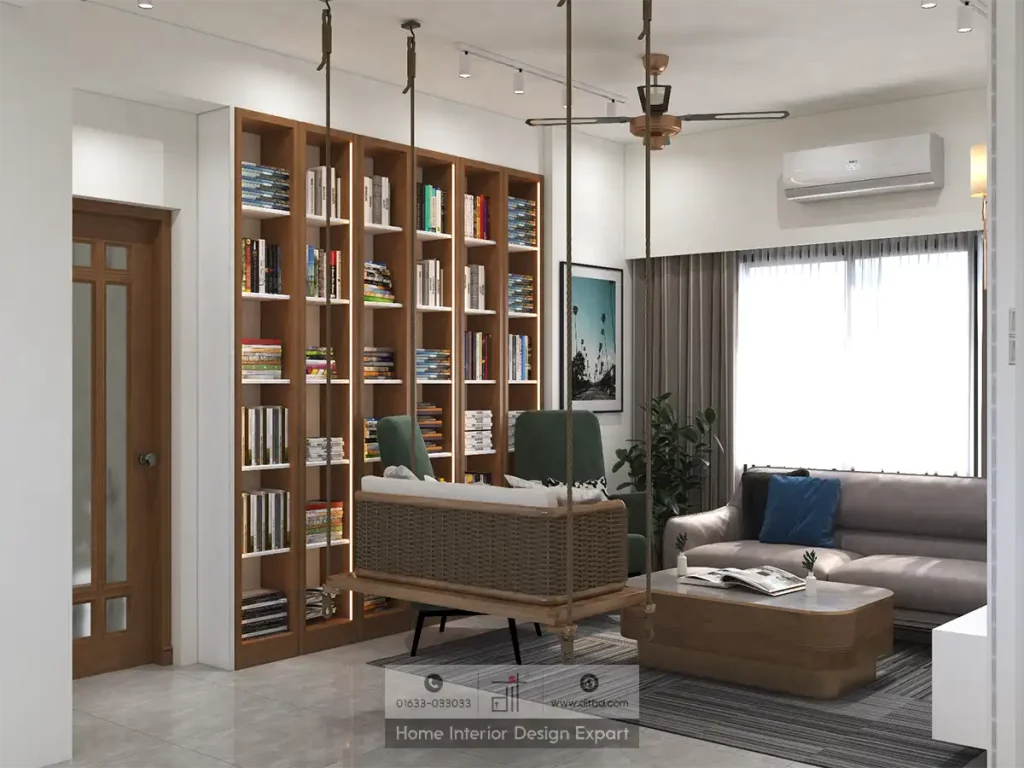 Living area with floor-to-ceiling wooden bookshelf and rattan swing in Mohammadpur apartment by DIT Studio