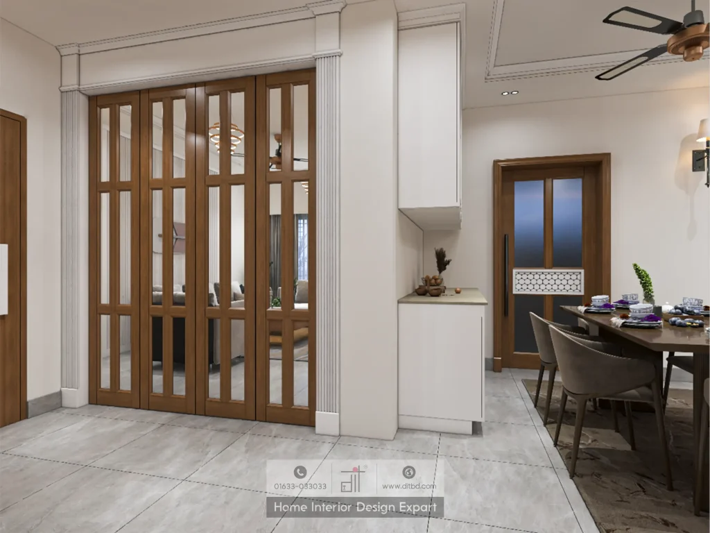 Wooden folding glass partition and entryway in modern Mogbazar common area by DIT Studio